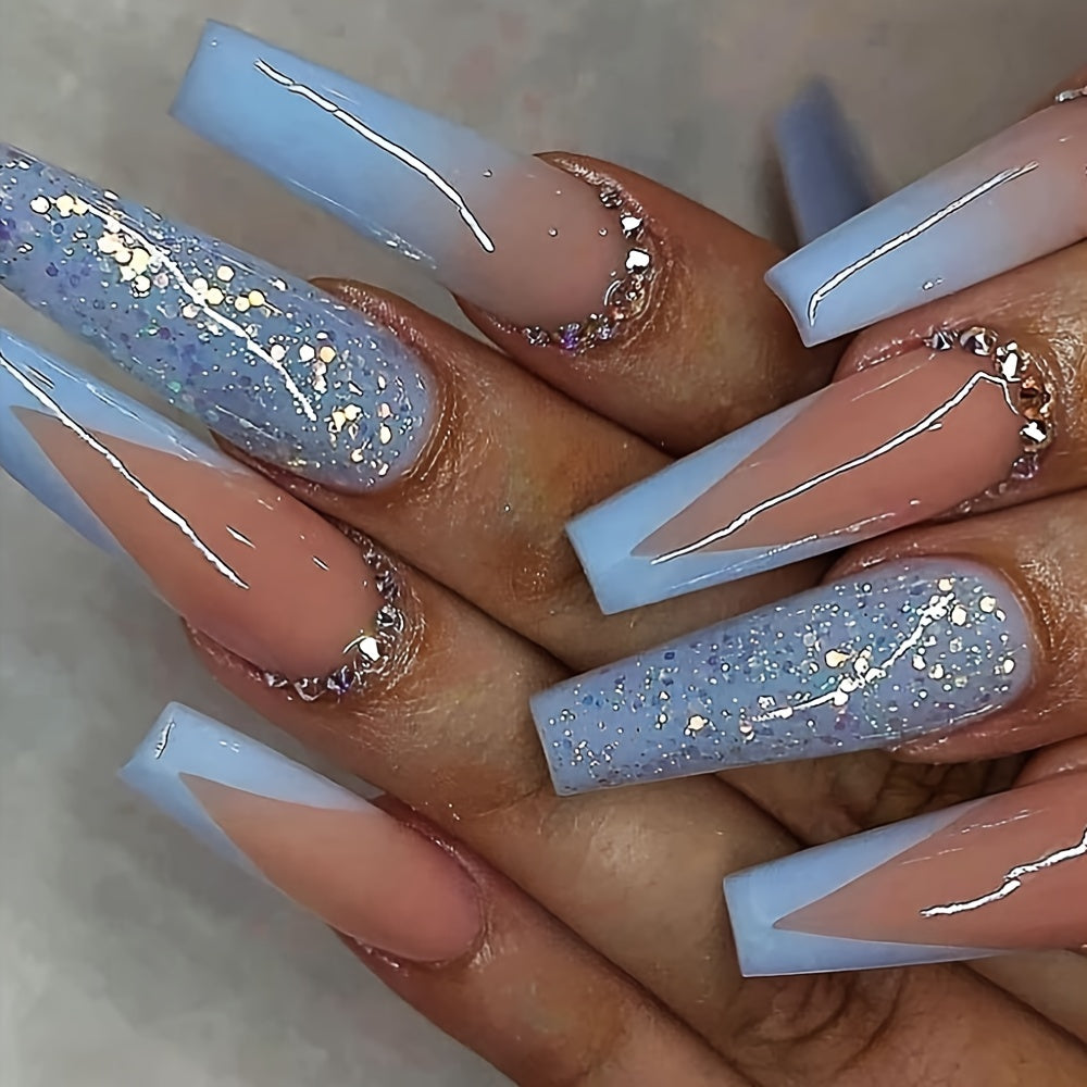 24pcs Glossy Long Ballerina Press On Nails, Pinkish And Blue French Tip Fake Nails with Rhinestone Design, Reusable False Nails for Women Girls
