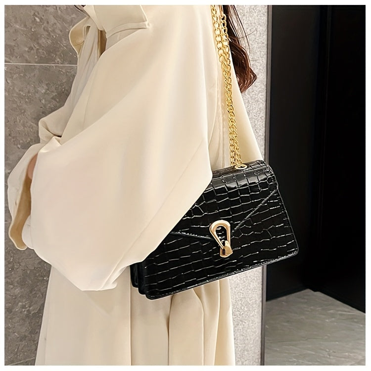 Pink Snake Print Crossbody BagFor Women, Stylish Women's Crocodile Pattern Handbag - Black Shoulder Bag With Detachable Strap Golden-Tone Hardware & Chain Strap, Crossbody Bag Purse Christmas Bags For Gifts Christmas Gift Bag