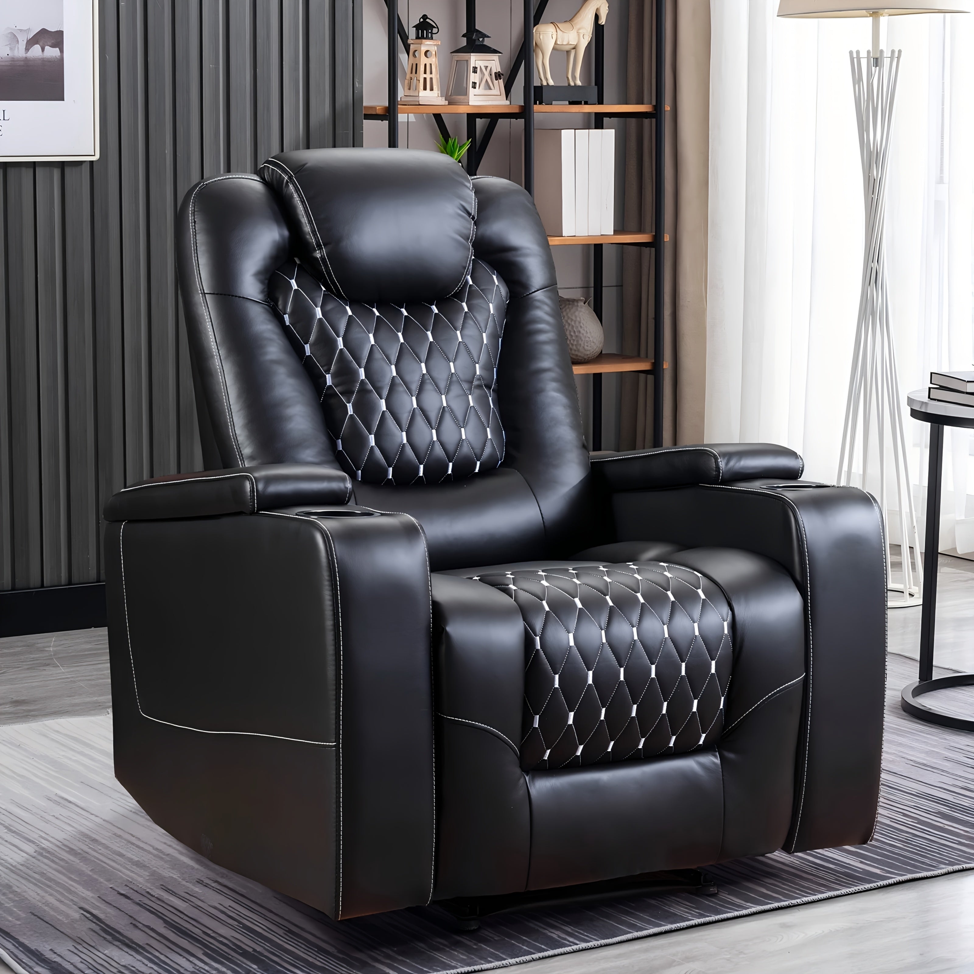 Power Recliner Chair With USB Ports And Cup Holders - Overstuffed Electric Home Theater Seating Faux Leather Reclining Furniture With Hidden Arm Storage, Easy To Clean (Black)
