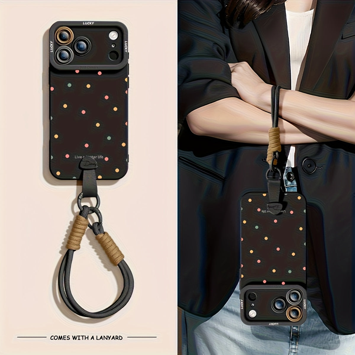 Full screen color dots are suitable for iPhone 17 Promax phone case, new 15 friend models, 16pro handheld Apple 14 Promax premium protective case with hanging rope 17 Pro soft case, Women's autumn and winter