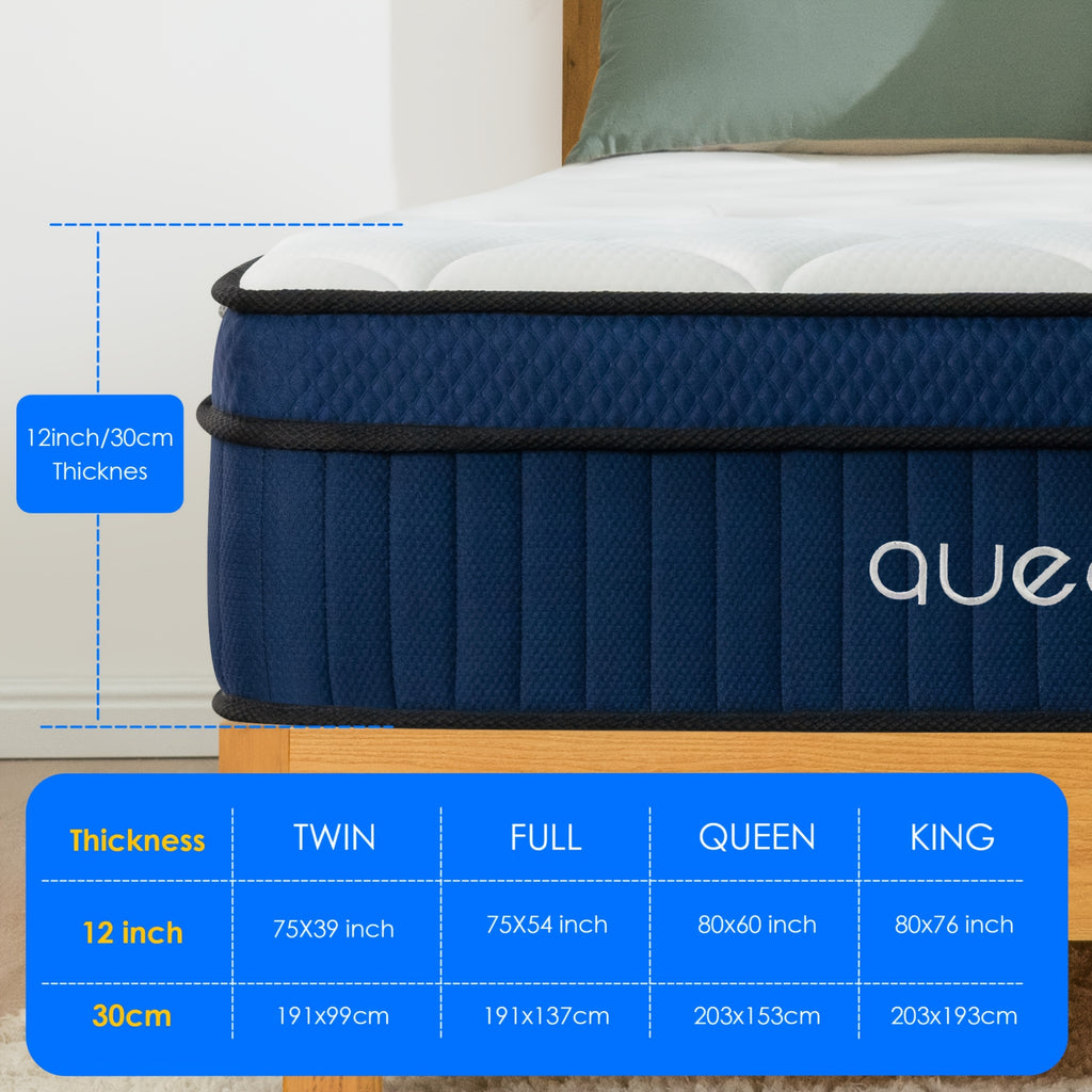 QUEEN ROSE 12 Inch Hybrid Mattress in a Box with Gel Memory Foam & Individually Wrapped Pocket Coils - Medium Soft Feel, Motion Isolation, Edge Support, Cooling Breathable European Cover, Twin/Full/Queen/King Sizes, White & B