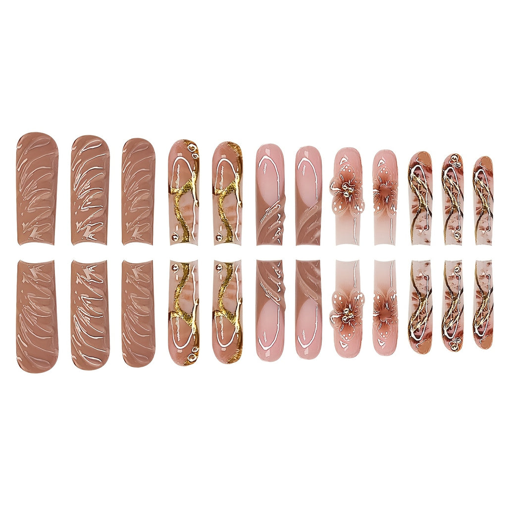 24pcs Water Drop Shaped Elegant Brown Floral Luxury Golden-Tone Rhinestone Suitable for All Women and s Set with Nail Buffing Sponge and Jelly Glue Included, Easy to Apply