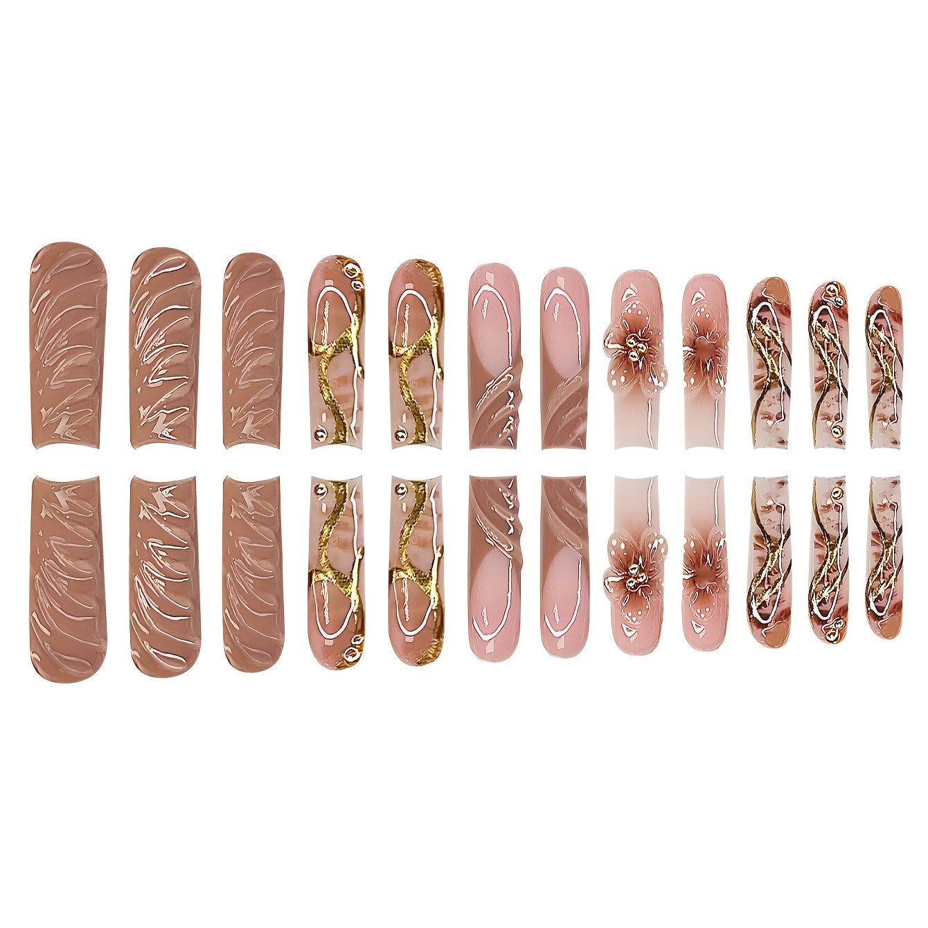 24pcs Water Drop Shaped Elegant Brown Floral Luxury Golden-Tone Rhinestone Suitable for All Women and s Set with Nail Buffing Sponge and Jelly Glue Included, Easy to Apply