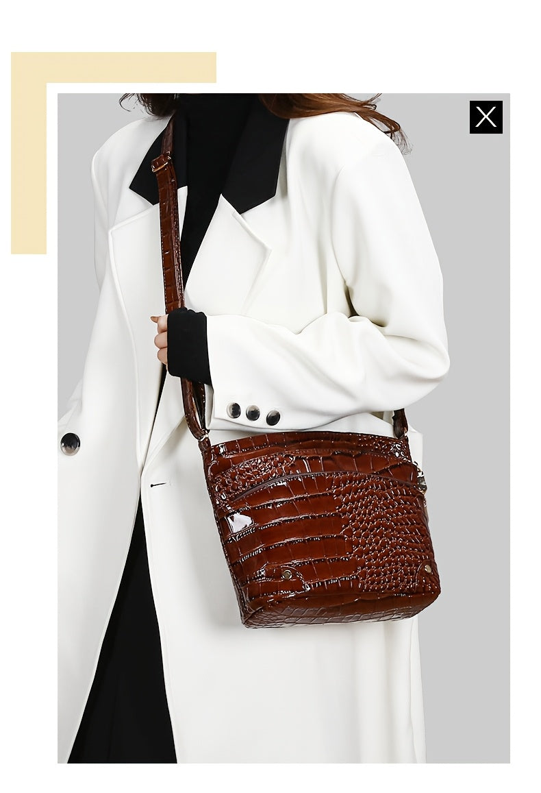 Shiny Crocodile Pattern Women'S Bag, PU Soft Shoulder Bag, Multi-Layer Crossbody Bag, Stylish And Versatile Large Capacity Bucket Bag.