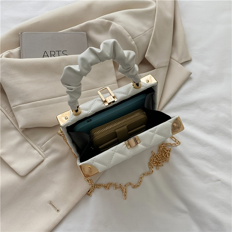 Elegant Quilted Diamond Pattern Mini Box Bag with Bow Accent - Women's Ruched Handle & Chain Strap   in Orange, Pink, White, Green, Black | Faux Synthetic Leather, Faux Fur Lined, Ladies Handbags