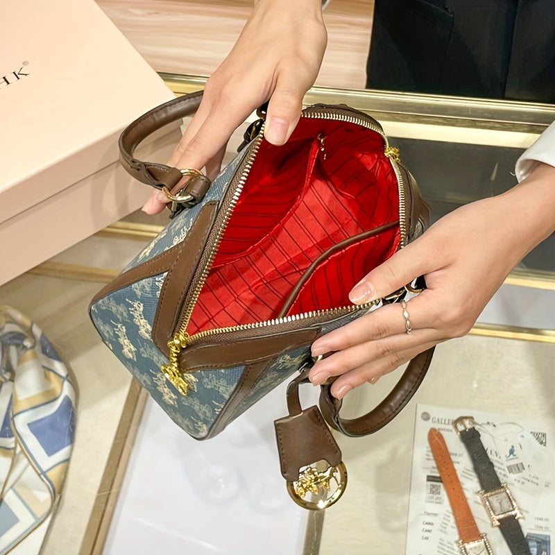 [Vintage Handbag] Elegant Vintage Carriage Print Shell Handbag for Women | PVC Blue Animal Print, Removable Strap, Zipper Closure, Polyester Lined - Ideal Gift for Mom