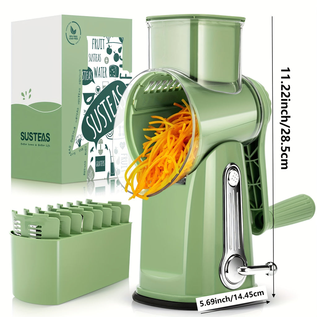 Rotary Cheese Grater With Handle - Vegetable Shredder With 5 Well-designed Blades & Strong Suction Base, Round Mandoline Slicer & Food Chopper For Kitchen, With Blade Storage Box(Beige, Retro Green)