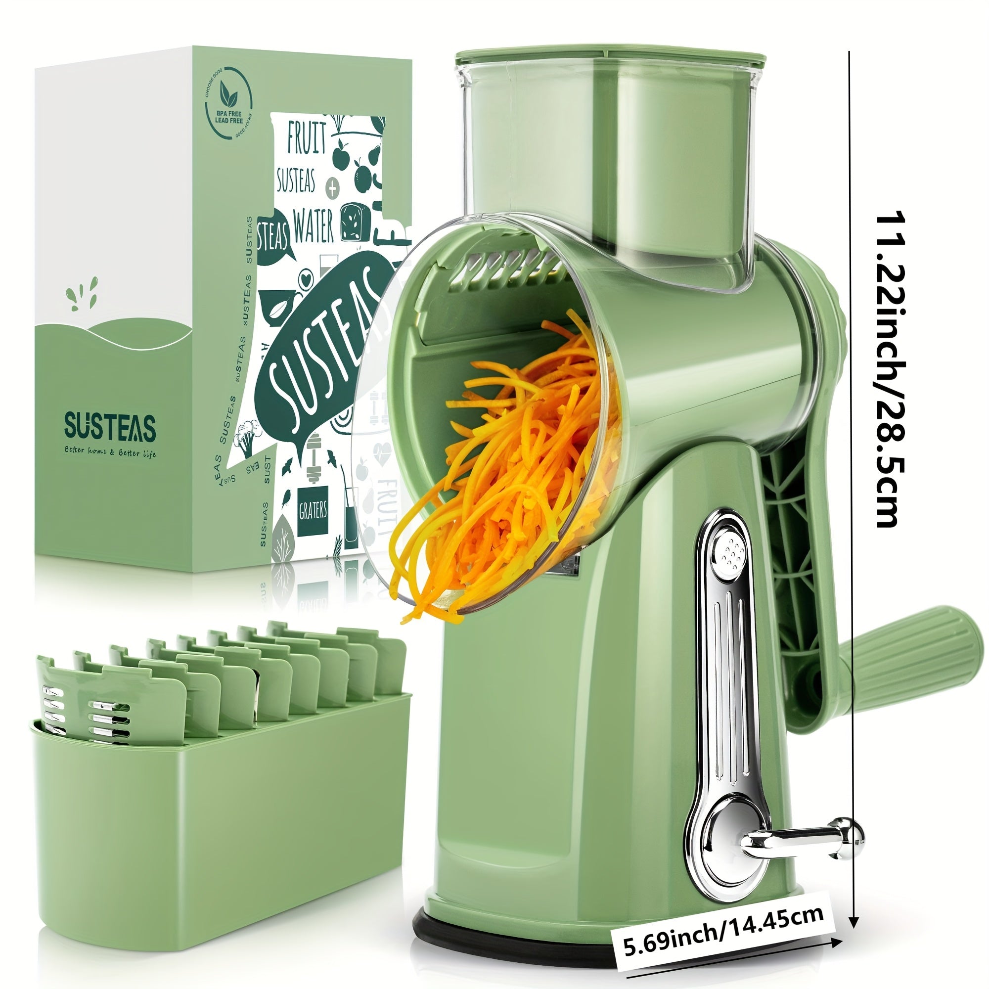 Rotary Cheese Grater With Handle - Vegetable Shredder With 5 Well-designed Blades & Strong Suction Base, Round Mandoline Slicer & Food Chopper For Kitchen, With Blade Storage Box(Beige, Retro Green)