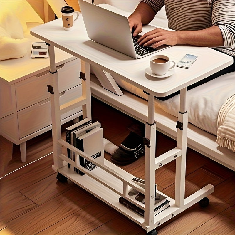 Rolling Table with Wheels, Adjustable Height Heavy-Duty Folding Desk, Storage Shelf & Wood/Metal Frame, Space-Saving Mobile Workstation, Easy Assembly (No Tools), for Office, Bedside, Dorm, Small Spaces, White/Mixed Color