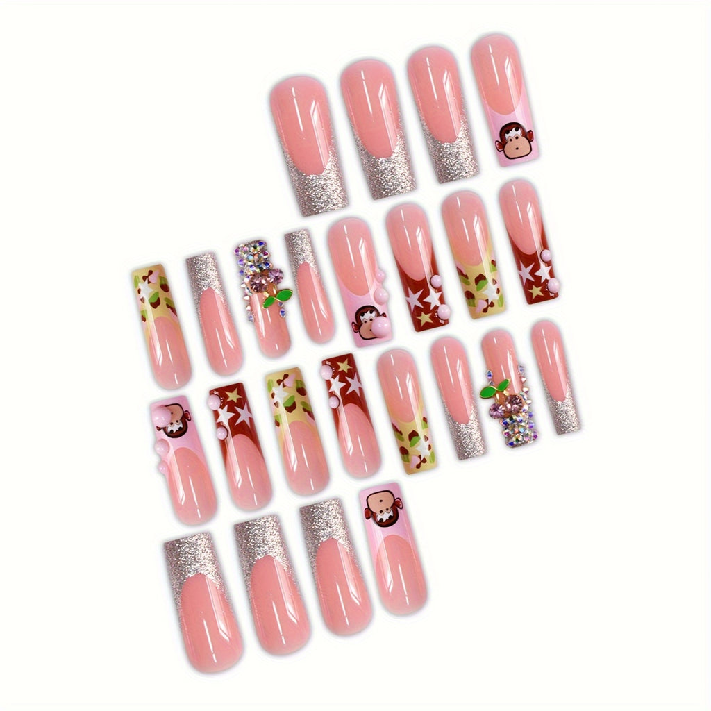 A Set of 24 Long Coffin-Shaped False Nails, Cute Cartoon Monkeys, Sweet Three-Dimensional Cherries, Light Luxury Diamonds, Fashionable Stars, Silvery Glitter, Suitable for All Women And, Nail Polish And Jelly Glue Are Include