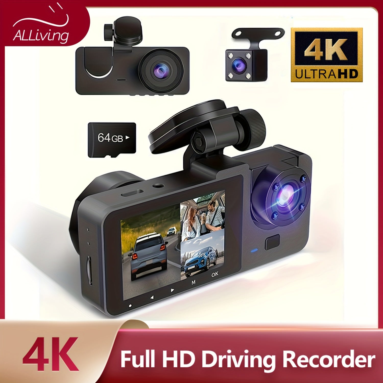 Front 4K/ Built- 1080P Three-Channel Front and Rear Built-in Dash Cam, Full HD Car DVR with Infrared Night Vision Function, Loop Recording, Includes 32/64GB SD Card, WDR, 24-Hour Parking Mode - Birthday Gift YX15, Road Trip C