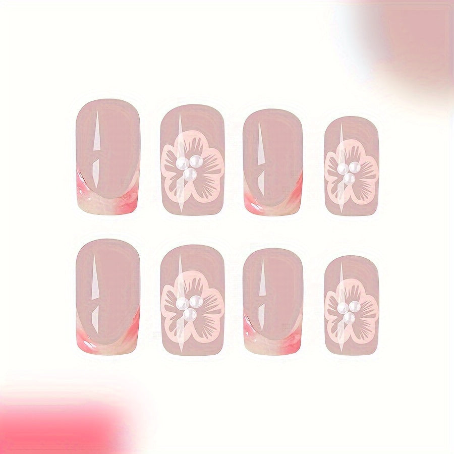 24-Pc Press-On Square Nails, Medium Length, French Flower Pearl 3D Embossed Design, Mixed Color System, Glossy Finish - Full Cover False Nails Set for Women and Girls with Jelly Glue & Filing Stick