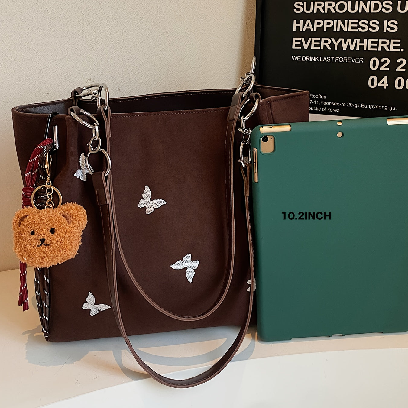 Women's Tote Bag 1pc New Fashion Butterfly Embroidery Large Capacity Autumn Winter Tote Bag, Fashionable Shoulder Bag Elegant Commuter Large Capacity Handbag, Suitable for Various Occasions, with Cute Furry Charm