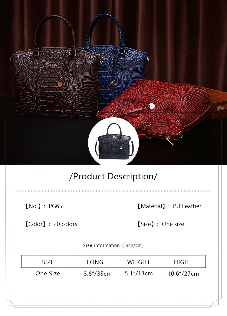 Luxurious crocodile patterned with three-dimensional pattern / metal round buckle decoration / dual handles and adjustable shoulder strap design / large capacity to meet the needs of commuting, business, and travel scenarios