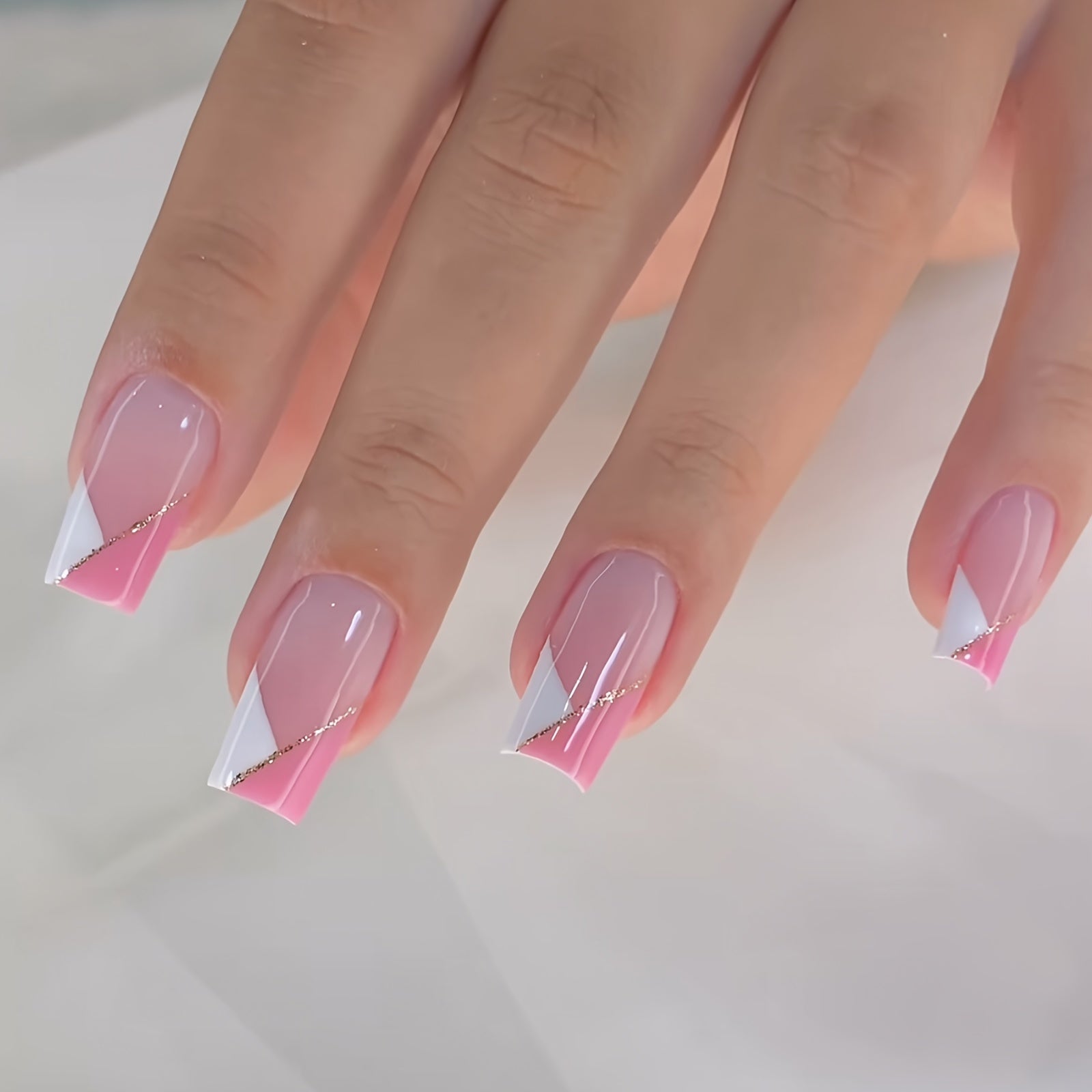 [24pcs Press-on Nails] MYSEVENDAY 24pcs Colorblock French Tip Press-on Nails - Mixed Color System, Square Shape, Medium Length, Glossy Finish with Nail Glue and File, Removable & Reusable for Parties & Everyday Wear