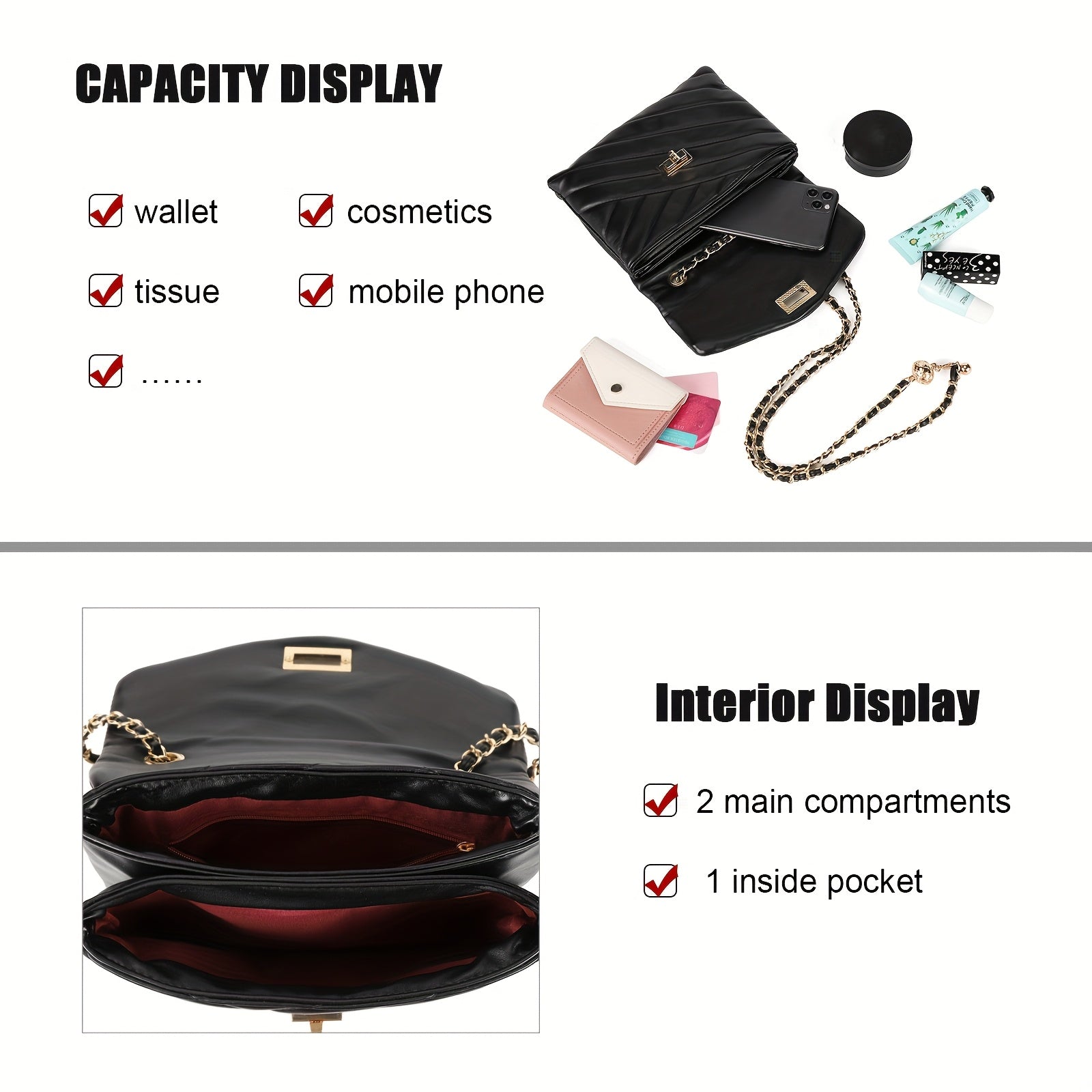 New Fashion Diamond Lattice Soft Chain Bag, Leisure And Simple With Pure Color PU Ladies Daily Travel Crossbody Bag