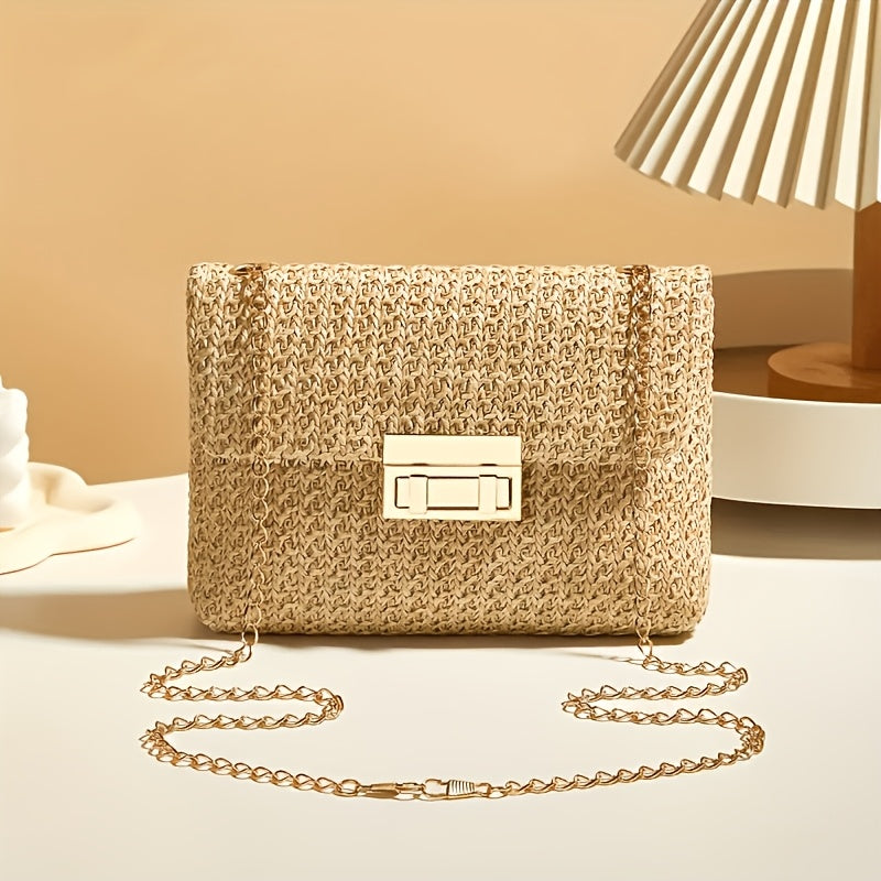 [Perfect Gift for Her] Women's Elegant Woven Straw Shoulder Bag with Golden Chain Strap, Detachable Crossbody Style, Polyester Lining - Perfect Gift for Her, Khaki/Cream Color | Clasp Closure Purse | Polyester Lining, Ladies