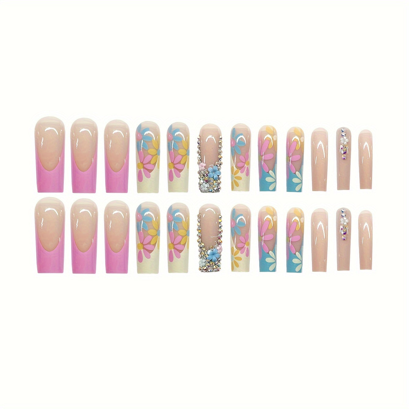 48-Piece Mixed Color System Press-On Nails Set with Square Shape, Long Length, Floral and Glitter Patterns, Glossy Finish - Includes Nail File and Double-Sided Adhesive for Women and Girls.
