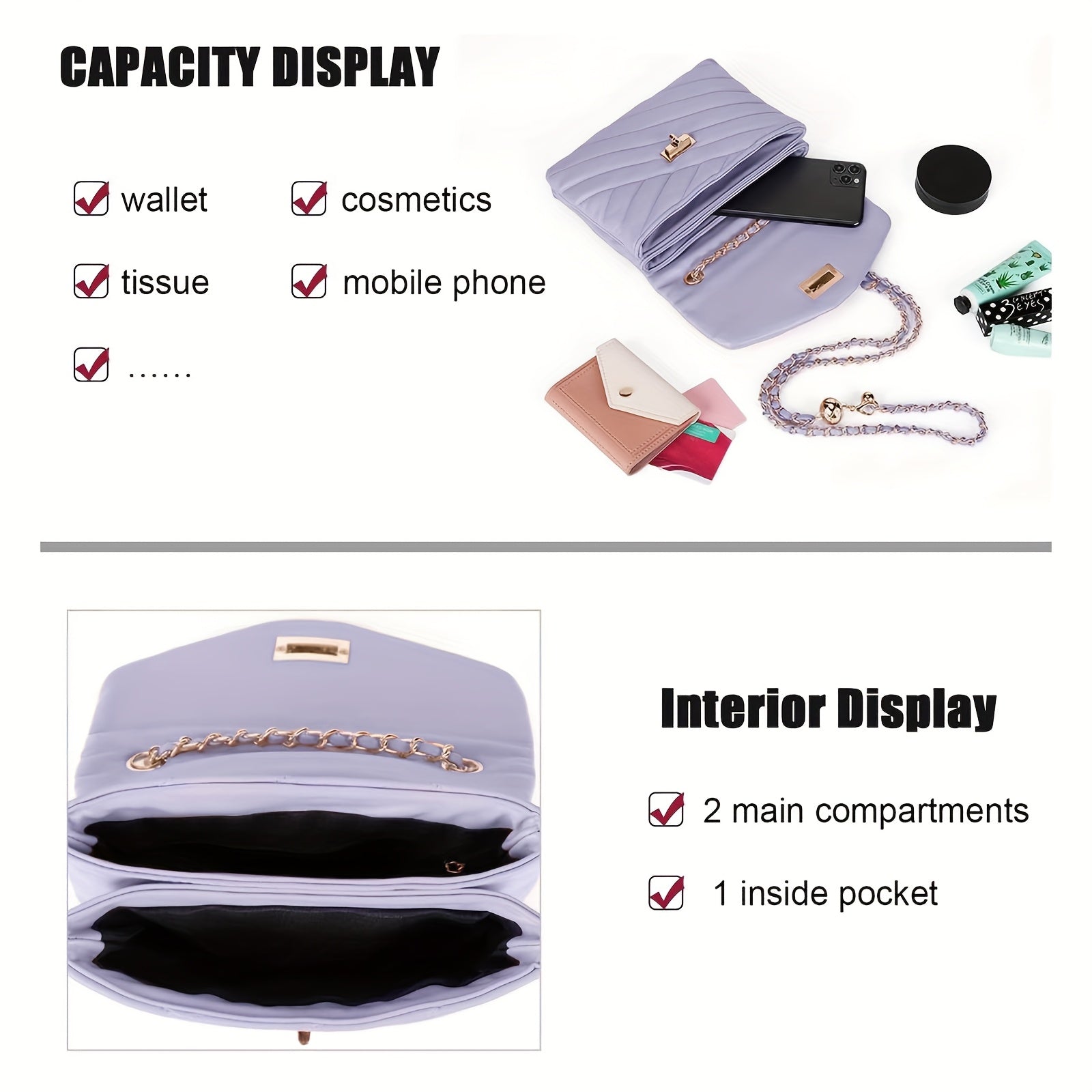 New Fashion Diamond Lattice Soft Chain Bag, Leisure And Simple With Pure Color PU Ladies Daily Travel Crossbody Bag