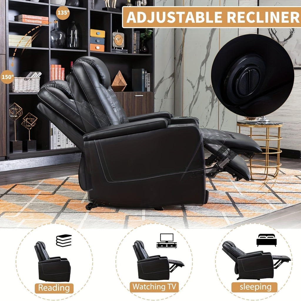 Power Recliner Chair With USB Ports And Cup Holders - Overstuffed Electric Home Theater Seating Faux Leather Reclining Furniture With Hidden Arm Storage, Easy To Clean (Black)