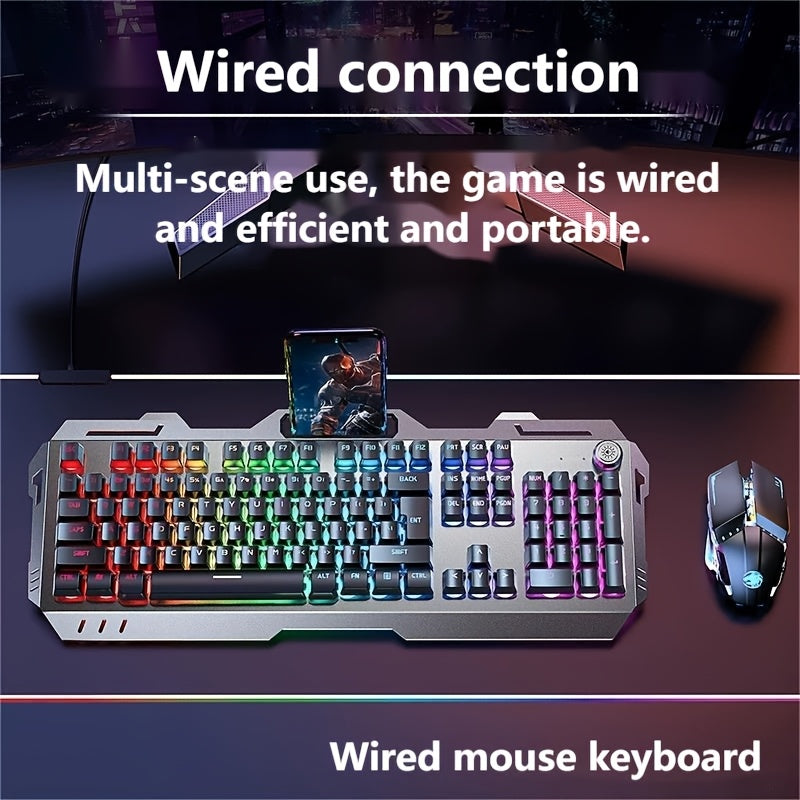 Ergonomic Gaming Keyboard - Wired, Faux Mechanical Feel, LED Color Backlight, USB Connection, 104 Keys Full Metal Panel, Multimedia Knob And Laptop Phone Holder Gift for Your Family Boyfriend