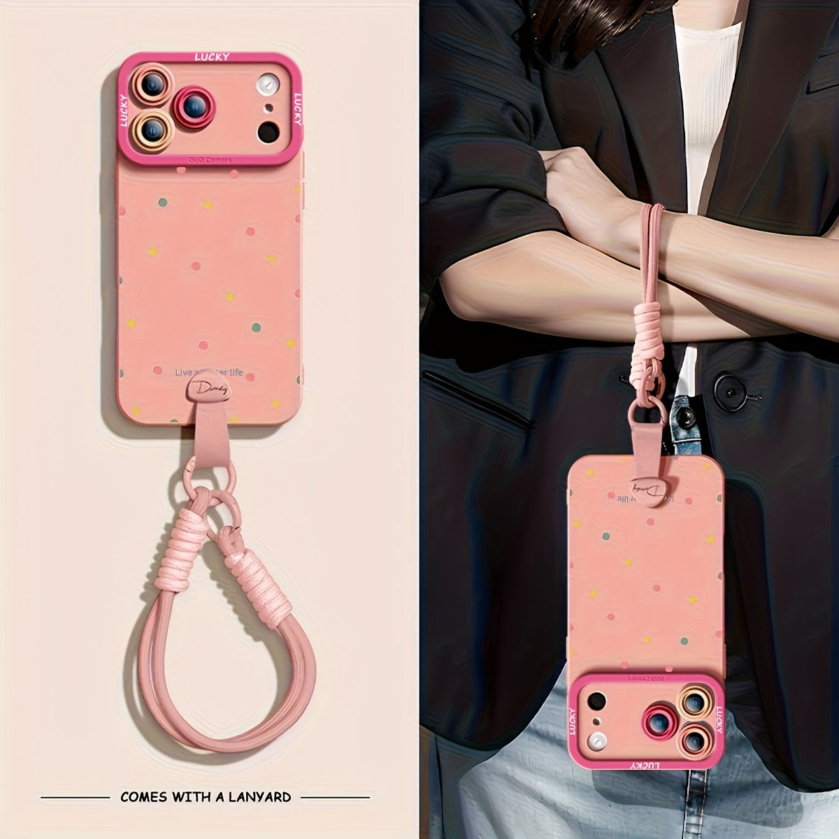 Full screen color dots are suitable for iPhone 17 Promax phone case, new 15 friend models, 16pro handheld Apple 14 Promax premium protective case with hanging rope 17 Pro soft case, Women's autumn and winter