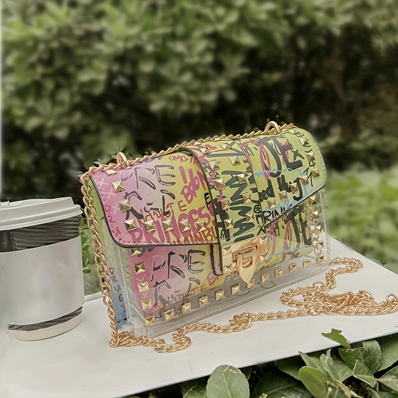 Chic Graffiti-Style Crossbody Bag, Mixed Color Transparent Shoulder Purse with Golden-Tone Hardware, Fashionable and Versatile, Secure Zip Closure, Casual Accessory|Graffiti Artistry|Goldtone Chain, Small Crossbody Bag
