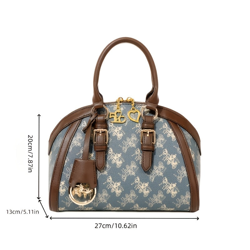 [Vintage Handbag] Elegant Vintage Carriage Print Shell Handbag for Women | PVC Blue Animal Print, Removable Strap, Zipper Closure, Polyester Lined - Ideal Gift for Mom
