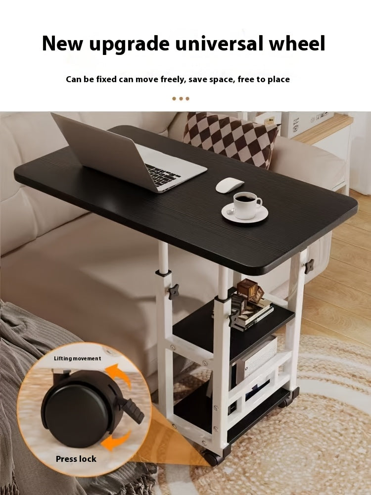 [Mobile Laptop Table] Height-Adjustable Mobile Laptop Table - 4-Wheel Rolling Study/Workstation Desk with Dual Shelves for Bedside/Dorm/Office Use, Sturdy Modern Finish (Space-Saving Design)