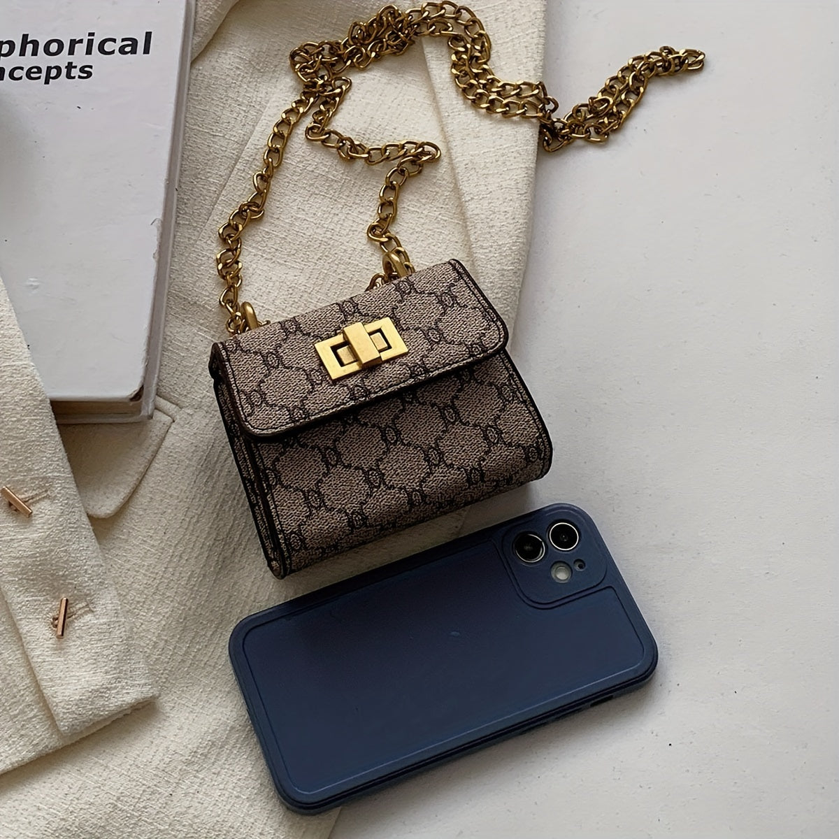 Rubini Handbag with Golden-Tone Turn-Lock Closure - Glossy Golden 'R' Logo & Chain-like Strap, Beige/Golden/Grey Shoulder Bag for Casual & Formal Events, Elegant Golden-Tone Hardware Purse (No Maintenance Required)