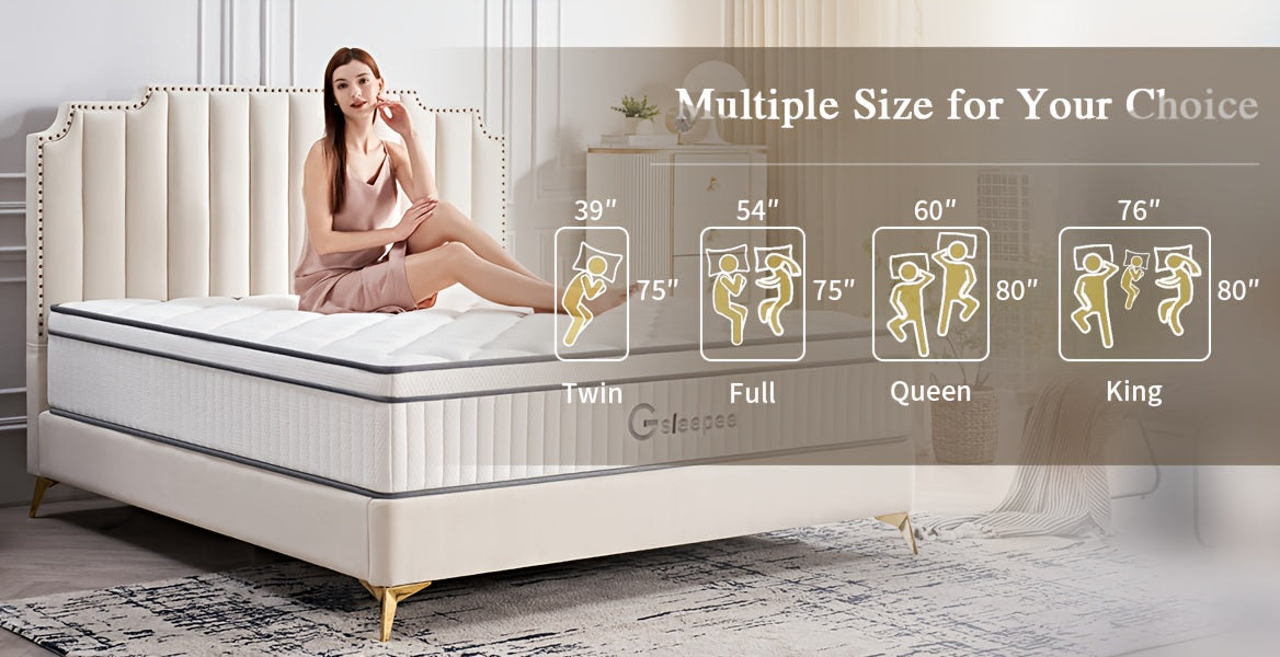 Gsleepee Hybrid Memory Foam Mattress - Twin/Full/Queen/King Size, Soft & Comfortable with Medium Firm Support, Motion Isolation, Allergy-Friendly, Quiet Sleep, Easy Transport in a Box, Available in 8/10/12/14 Inch Thicknesses