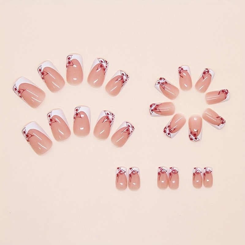 24pcs Short Square Press-On Nails with White French Rose Flower & Red/White Tip Design - Glossy Clear Tips, Intricate Floral Patterns, Short Lengths for Parties, Dance, Casual Attire - Reusable & Removable Full Set (Red, Whit