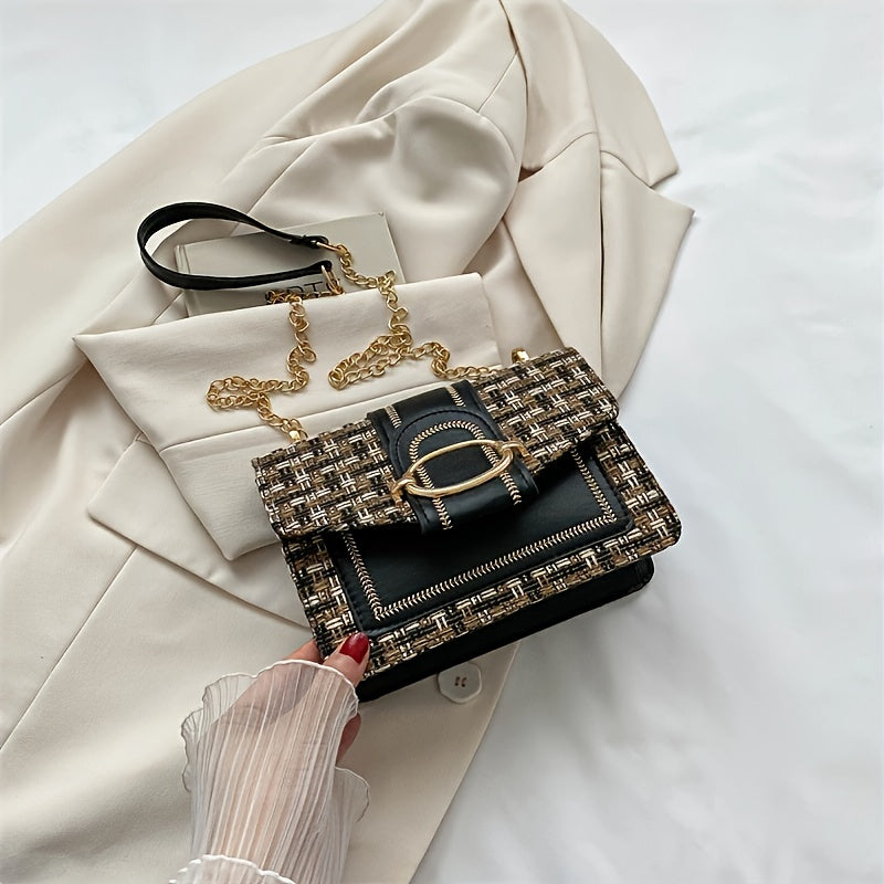 A Mini Checkered Tweed Bag with a Clasp Decoration, a Square Shoulder Bag, And a Chain Crossbody Flap Wallet, Perfect for Everyday Use.
