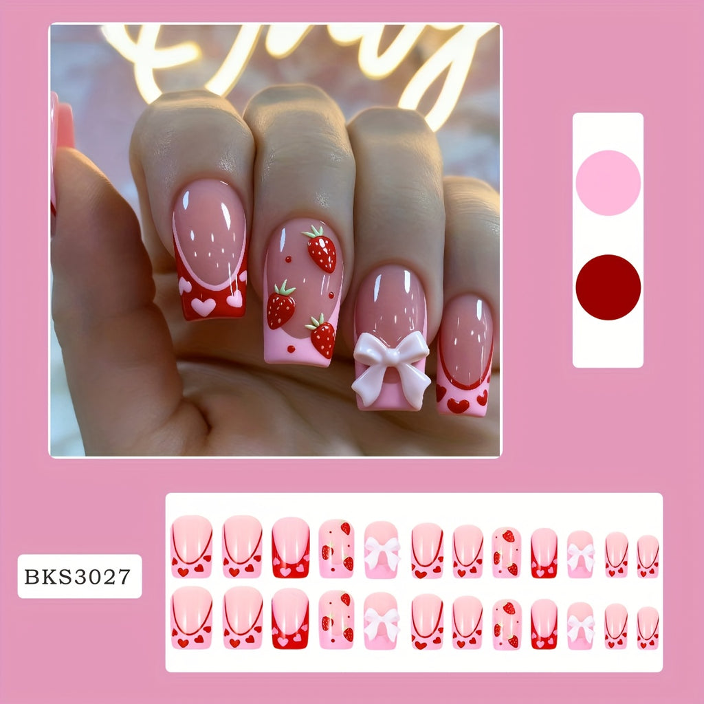 24pcs Pink and Red Heart Strawberry Valentine's Day Press on Nails with Bow, Romantic Nail Art, Special Occasion Nails, Heart Design, Short Square Nails, Durable Pressons, Presson Manicure, Stickon Nails, Bridal Nails, Gift F