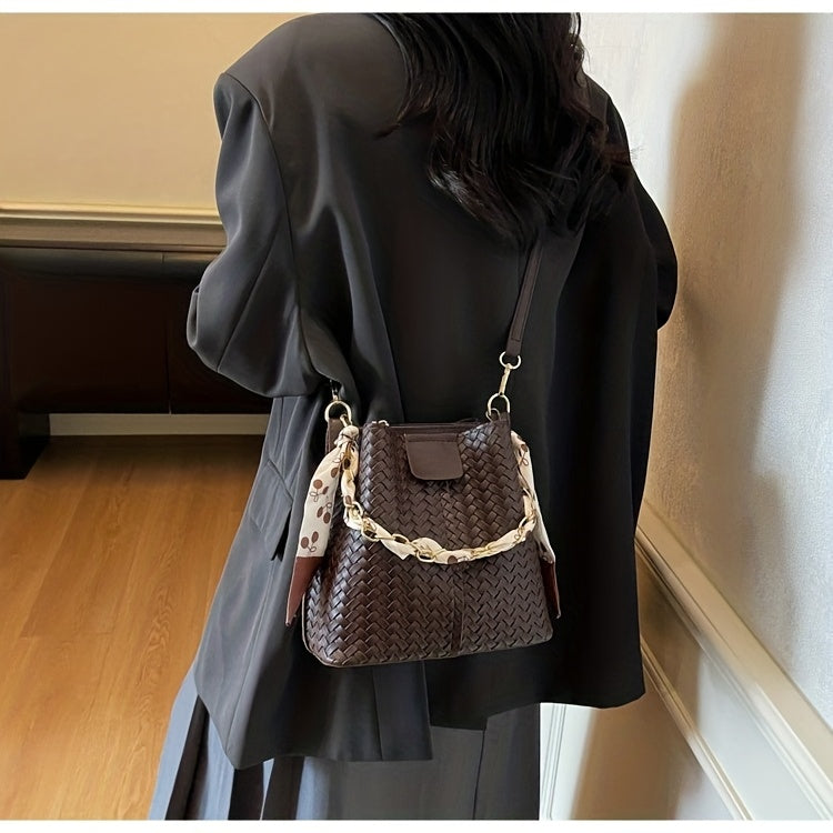 Women's Woven Tote & Bucket Bag - Convertible Crossbody/Handbag with Golden-Tone Hardware, Beige/Black Detachable Strap, Retro Woven-Pattern Shoulder Purse for, Casual & Formal Events (Adjustable, Snap Closure)