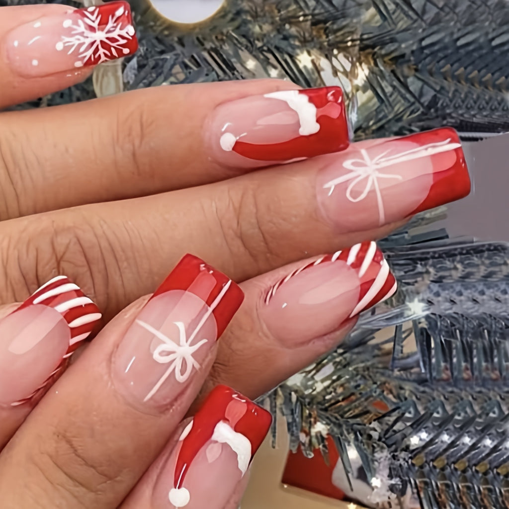 [Christmas | 24pcs Nail Set] 24pcs Christmas Nail Set - French Red Santa Hat, White Bow & Snowflake Design, Glossy Acrylic Nails for Women, Holiday Parties & Daily Wear, Festive Nail Art Gift, Elegant Nail Style, Durable Nail