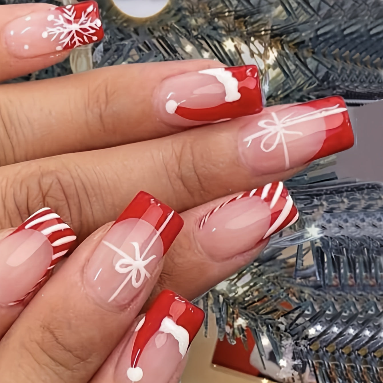 [Christmas | 24pcs Nail Set] 24pcs Christmas Nail Set - French Red Santa Hat, White Bow & Snowflake Design, Glossy Acrylic Nails for Women, Holiday Parties & Daily Wear, Festive Nail Art Gift, Elegant Nail Style, Durable Nail