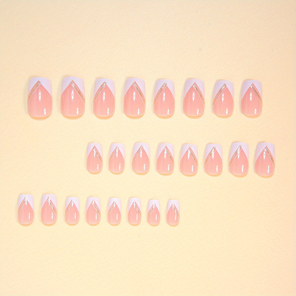 24pcs Chinese Style Nails, Soft Cute Elegant Pink Solid Color Classic White French-Style Line Silvery Glitter Shiny Wearable Nails, Elegant High-End Hot Pink Solid Color Classic White French-Style Line Silvery Glitter Shiny P