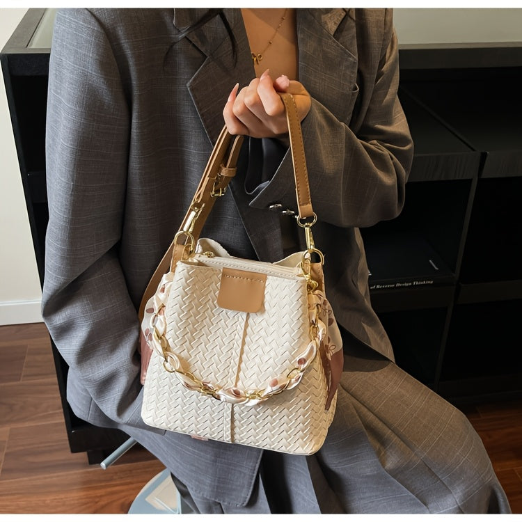 Women's Woven Tote & Bucket Bag - Convertible Crossbody/Handbag with Golden-Tone Hardware, Beige/Black Detachable Strap, Retro Woven-Pattern Shoulder Purse for, Casual & Formal Events (Adjustable, Snap Closure)