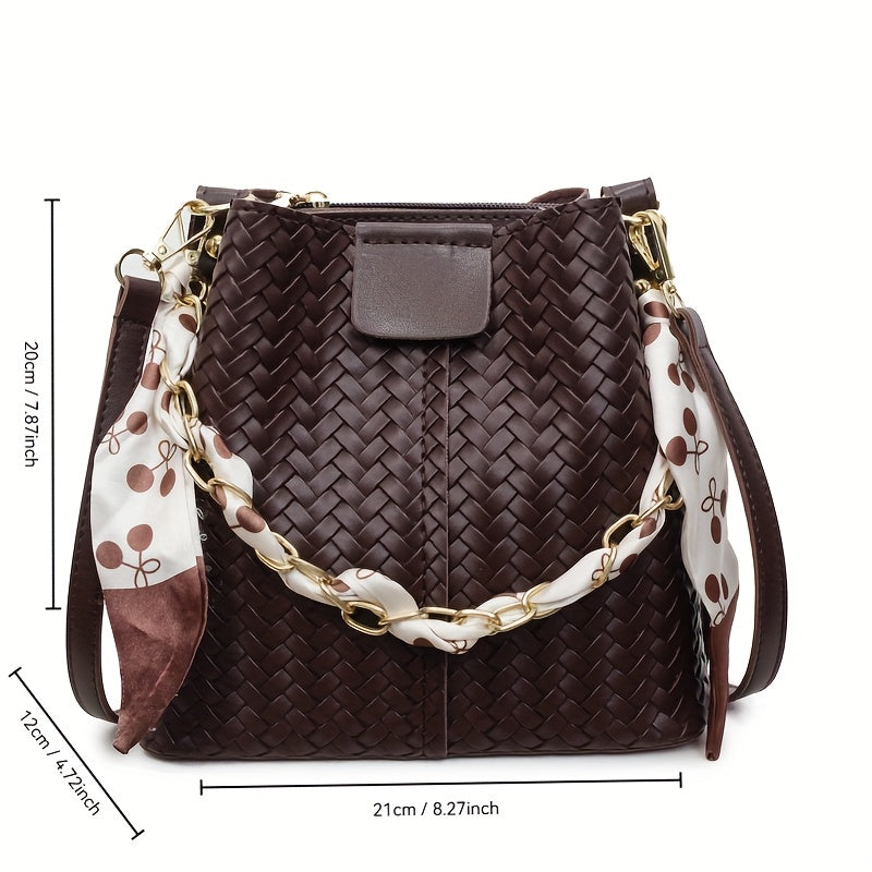 Women's Woven Tote & Bucket Bag - Convertible Crossbody/Handbag with Golden-Tone Hardware, Beige/Black Detachable Strap, Retro Woven-Pattern Shoulder Purse for, Casual & Formal Events (Adjustable, Snap Closure)