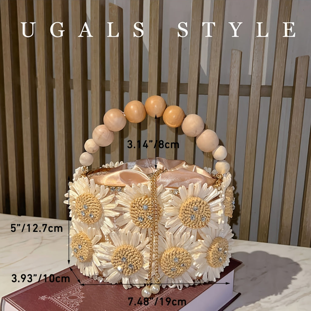 Luxury Evening Bucket Bag for Women | Floral Beaded Design with Rhinestone and Pearl Detailing | Fashion Drawstring Closure Crossbody with Metal and Messenger Accessory | Occasion-Themed with Inner Lining | Non-Washable | Cra