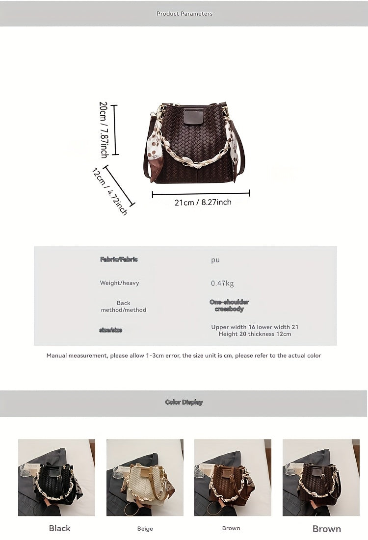 Women's Woven Tote & Bucket Bag - Convertible Crossbody/Handbag with Golden-Tone Hardware, Beige/Black Detachable Strap, Retro Woven-Pattern Shoulder Purse for, Casual & Formal Events (Adjustable, Snap Closure)