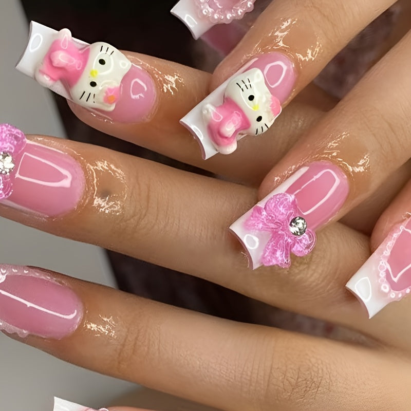 Glam Up with 24pcs Medium-Long Square Cartoon Hello Kitty Bow Heart Rhinestone French Tip Full Cover Nail Set for Women & s