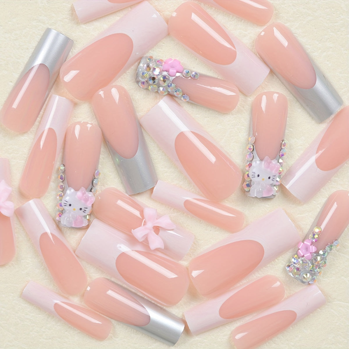 24-Piece Set of Super Long Square Shaped Glossy Press On Nails - Featuring Hello Kitty 3D Glitter Charms, Pink Floral Patterns, and Bow Embellishments for Glamorous Daily Use, Dates, and Parties - Includes Easy-Apply Jelly Ad