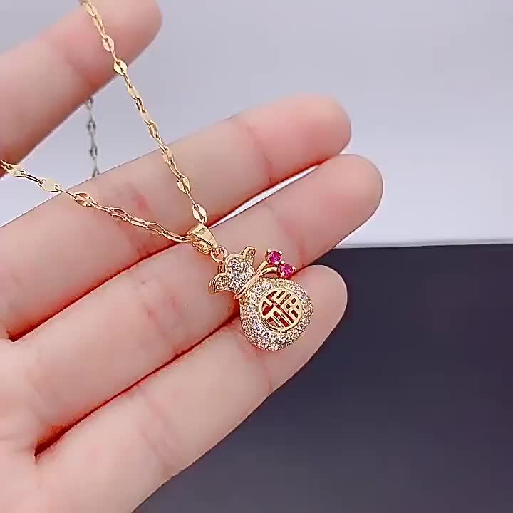 Fashion Money Bag Pendant Necklace for Women - Alloy, Yellow, Synthetic Cubic Zirconia, Fashion Themed, Suitable for Ages 15+ - Elegant Non-Plated Korean/Japanese-Inspired Design with Lucky Fu Bag Charm