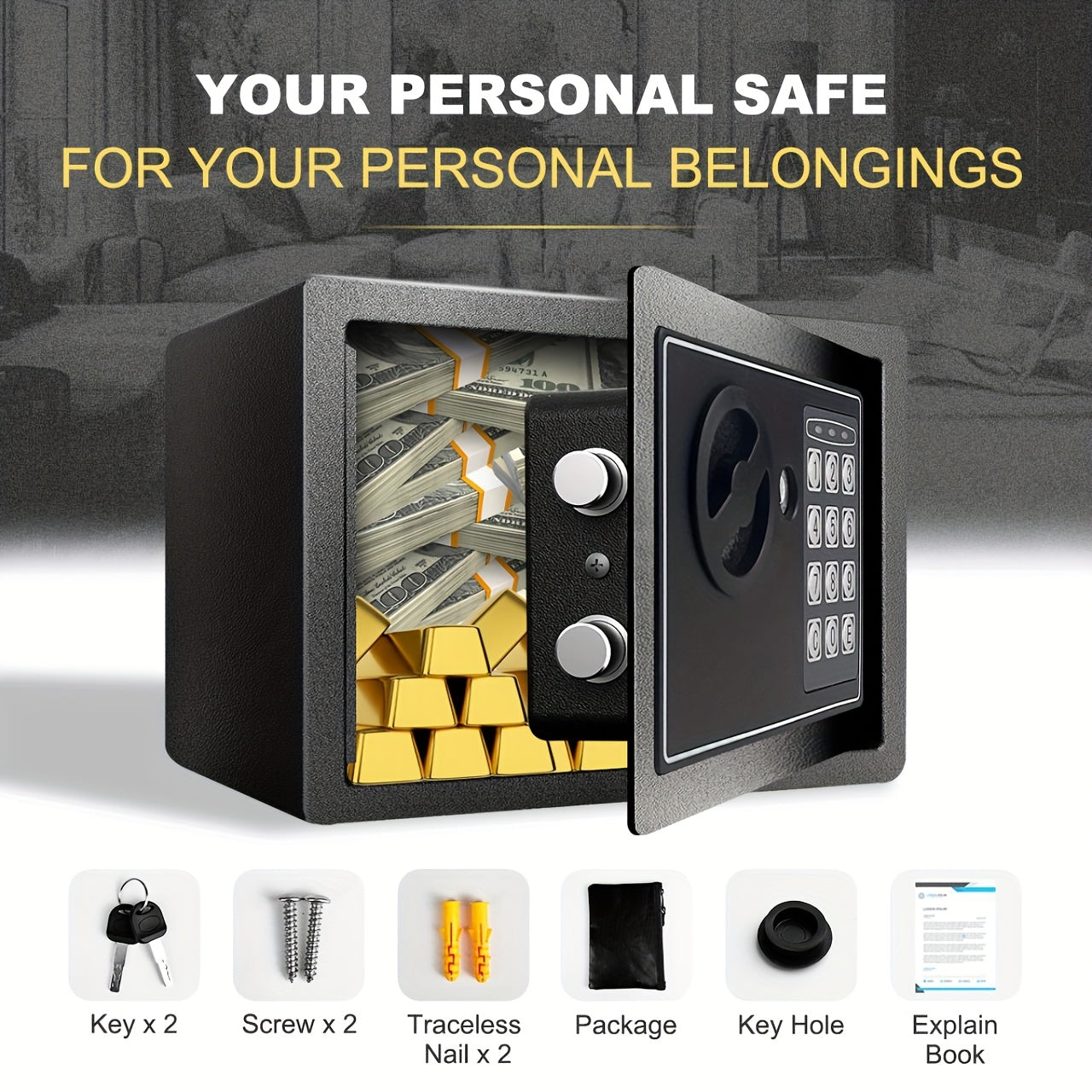Fireproof Safes, Digital Keypad Home Safe with Sensor Light, Adjustable Shelf Security Safe for Money Business Office, with Fireproof Money Bag & Fireproof Bag, Money Safe Box