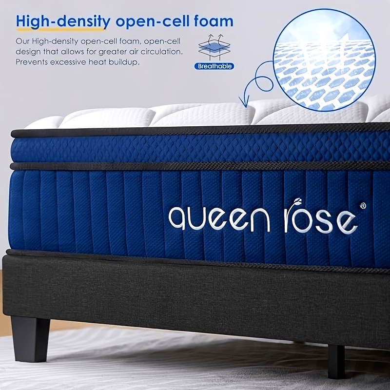 QUEEN ROSE 12 Inch Hybrid Mattress in a Box with Gel Memory Foam & Individually Wrapped Pocket Coils - Medium Soft Feel, Motion Isolation, Edge Support, Cooling Breathable European Cover, Twin/Full/Queen/King Sizes, White & B