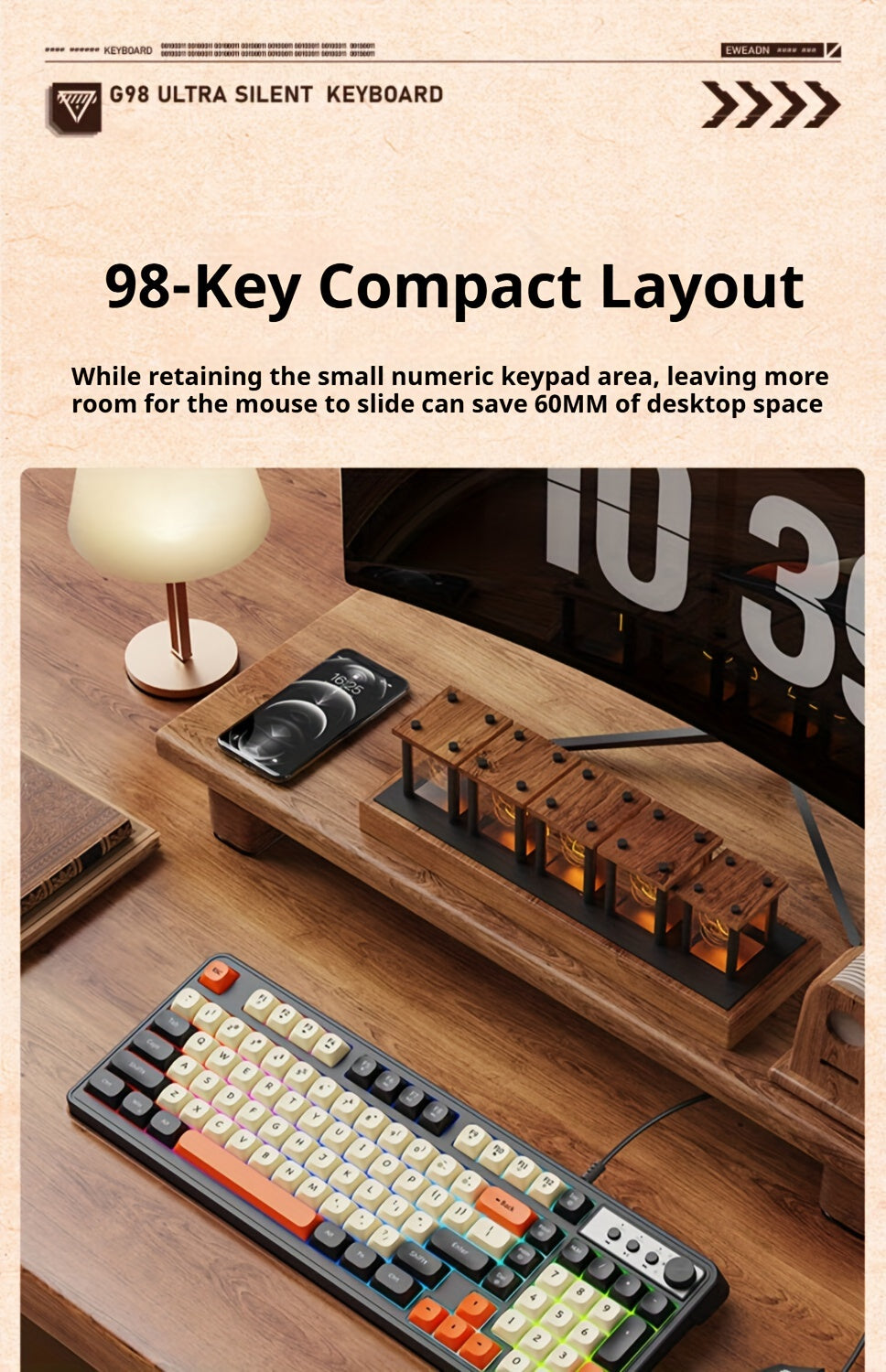 [Wired Gaming Keyboard] EWEADN Wired Gaming Keyboard with Rainbow Backlit, Portable Black Keyboard for Office-98 Keys, Computer External Keyboards Ergonomic Design, with Multimedia Knob, Ball Keycaps, for Gamers and Office, C