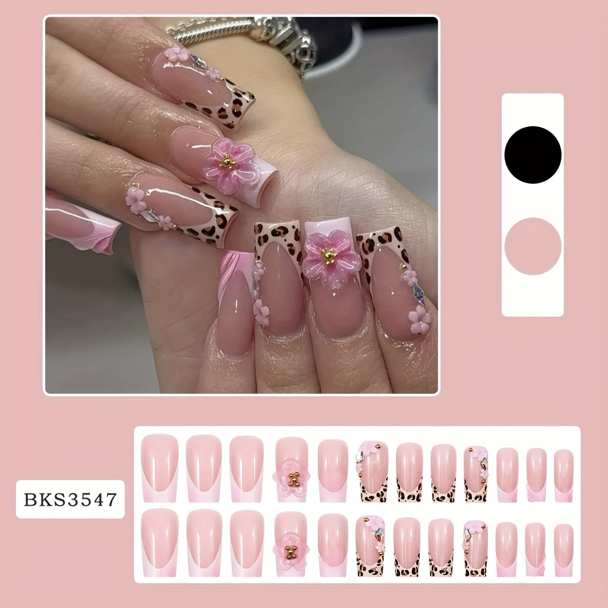 24pcs Leopard Print 3D Water Drop Flower Press-On Nails - Pink & White Gradient, Square Shape, Glossy Finish, Perfect for Daily Wear & Parties, Stylish Fake Nails for Women, Party Nails | Leopard Print Nails | Glossy Finish N