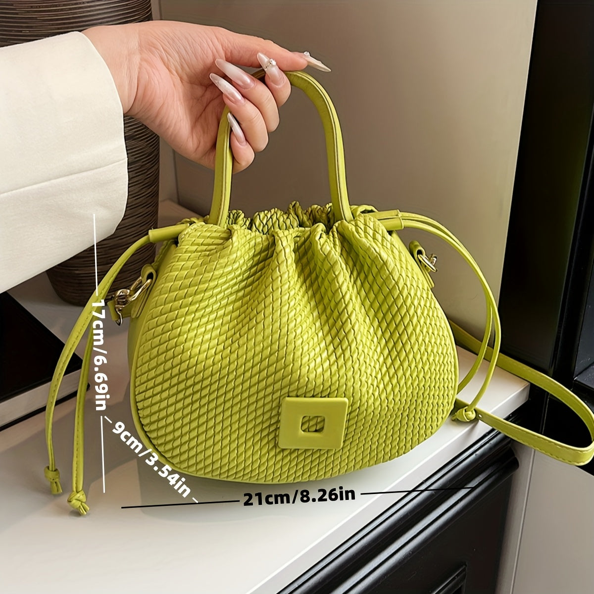 Elegant Lime Green Women's Handbag - Chic Woven Texture, PU Material with Drawstring Closure, Stylish Small Tote for Everyday Use, Cute Purse